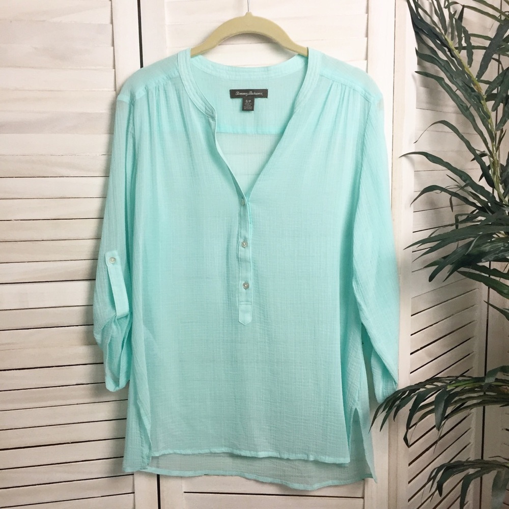 Tommy Bahama Light Aqua Tunic Blouse Top S/P 100% Cotton